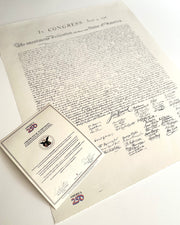 Official America250 licensed product with a certificate of authenticity from Dixie & Grace of A giclée facsimile print with deckled edge, on archival museum quality paper, of the William J. Stone hand engraved Declaration of Independence.
