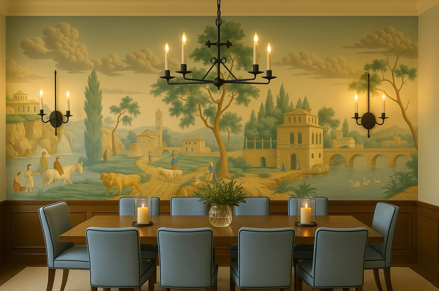 Dining room with classical mural on the wall, table, and chairs.