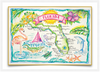 A fine art print from an original watercolor of Florida by artist Sara Fattori.  An inspiring watercolor for both natives and visitors, this image offers a colorful display of Florida. A peninsula with 1200 miles of coastline, Florida offers a variety of flora, fauna, and coastal destinations for weekend road trips!  Pairs with our Florida Holiday Collection. Available print only or framed.