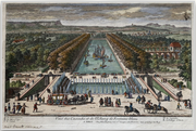 A fine art print from an antique architecural hand-colored engraving. This antique architectural print with a garden. Pairs with our Fontainebleau Collection. Available print only or framed.