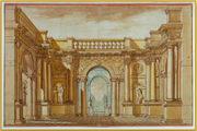 A fine art print from an antique architectural image of a golden courtyard. Available print only or framed.