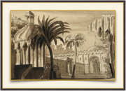 A fine art print from an antique architectural image of a pavilion with palm trees. Available print only or framed.