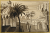 A fine art print from an antique architectural image of a pavilion with palm trees. Available print only or framed.