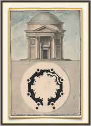 A fine art print from an antique architectural image of a building elevation with floor plan. Available print only or framed.