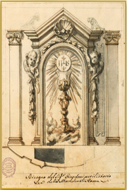 A fine art print from an antique architectural image of an elevation with a chalice. Available print only or framed.