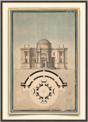 A fine art print from an antique architectural image of a building elevation with floor plan. Available print only or framed.