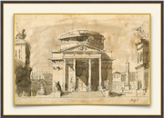 A fine art print from an antique architectural image of a sketch of a Rotunda in Rome. Available print only or framed.