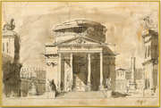 A fine art print from an antique architectural image of a sketch of a Rotunda in Rome. Available print only or framed.