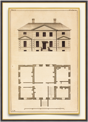 A fine art print from an antique architectural image of a building elevation with floor plan. Available print only or framed.