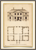 A fine art print from an antique architectural image of a building elevation with floor plan. Available print only or framed.