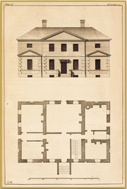 A fine art print from an antique architectural image of a building elevation with floor plan. Available print only or framed.