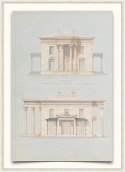 A fine art print from an antique architectural image of front and flank elevation drawings of a home. Available print only or framed.