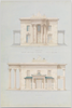 A fine art print from an antique architectural image of front and flank elevation drawings of a home. Available print only or framed.