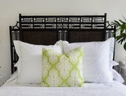 Red Egg asian inspired headboard with throw green throw pillow with bed linens